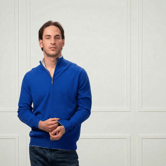 Alexander Zipper Cashmere Sweater - Contrasting Collar - Blue Sky Cashmere