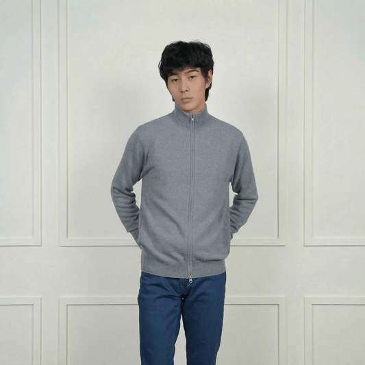 Alexander Zipper Cashmere Sweater - Contrasting Collar - Blue Sky Cashmere