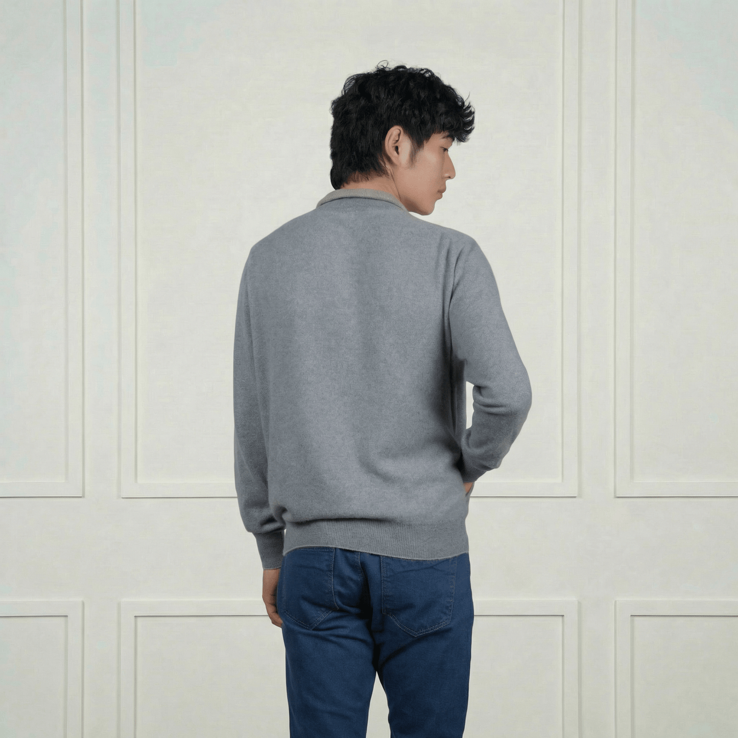 Alexander Zipper Cashmere Sweater - Contrasting Collar - Blue Sky Cashmere