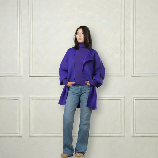 Collarless Short Wool Coat - Blue Sky Cashmere