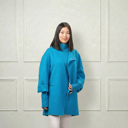 Collarless Short Wool Coat - Blue Sky Cashmere
