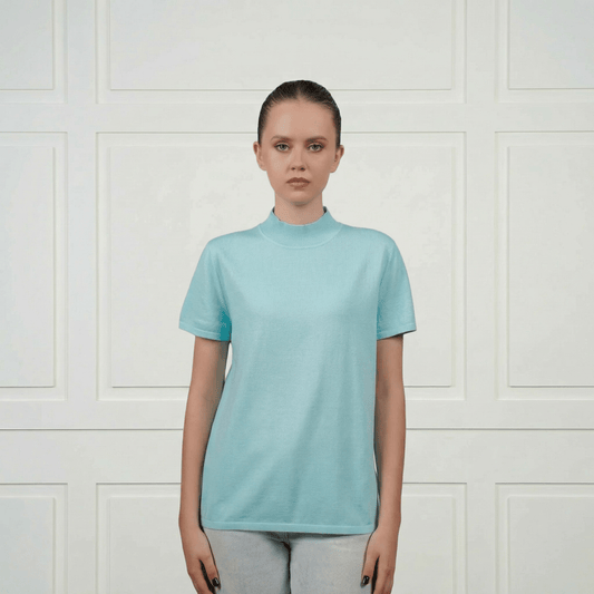 Cotton Silk Cashmere Blend Crew Neck T-Shirt - Blue Sky Cashmere
