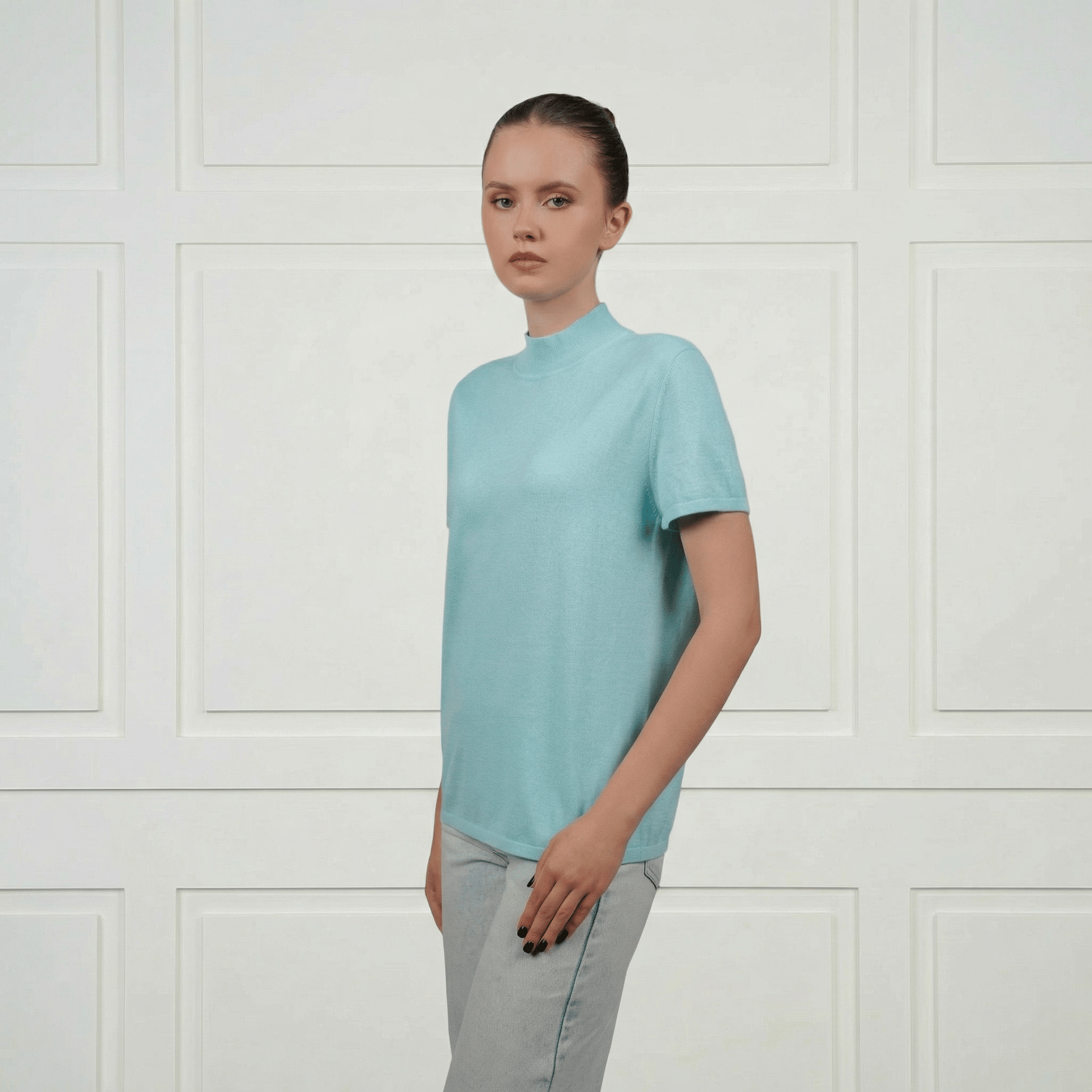 Cotton Silk Cashmere Blend Crew Neck T-Shirt - Blue Sky Cashmere