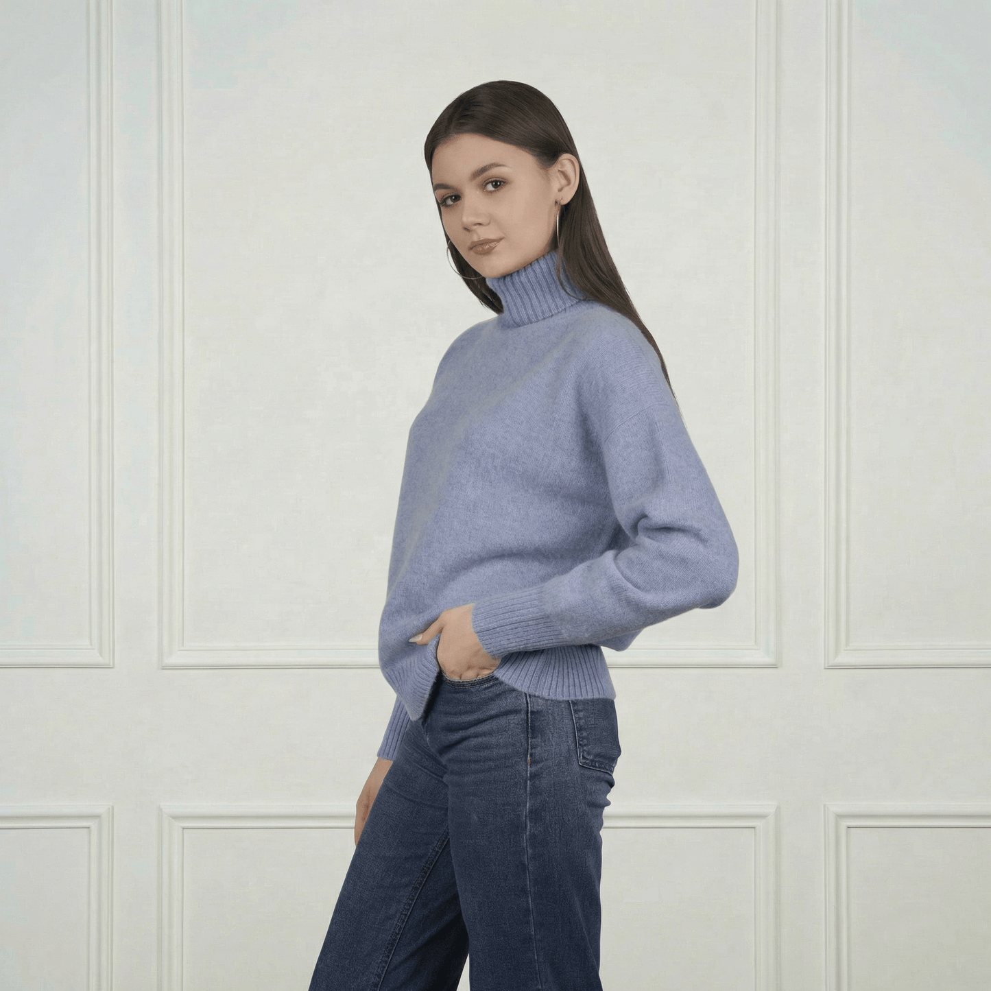 Embroidered Cashmere Turtleneck - Blue Sky Cashmere