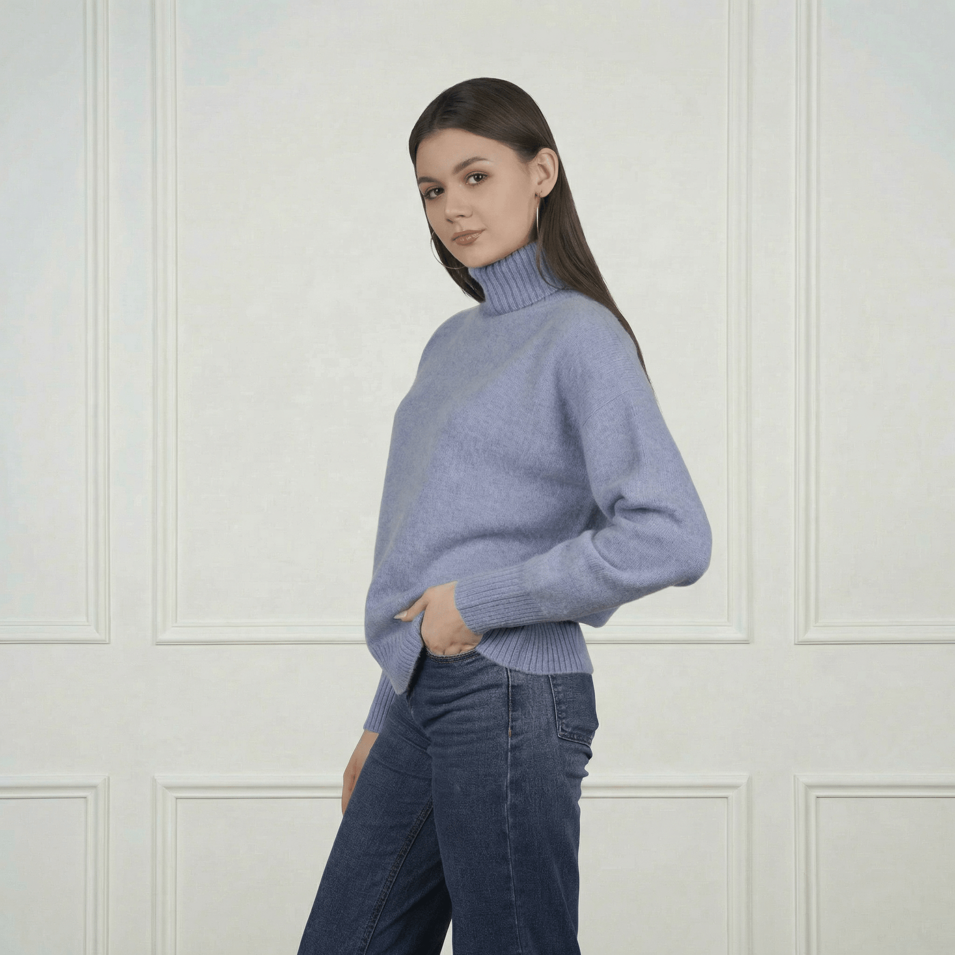 Embroidered Cashmere Turtleneck - Blue Sky Cashmere