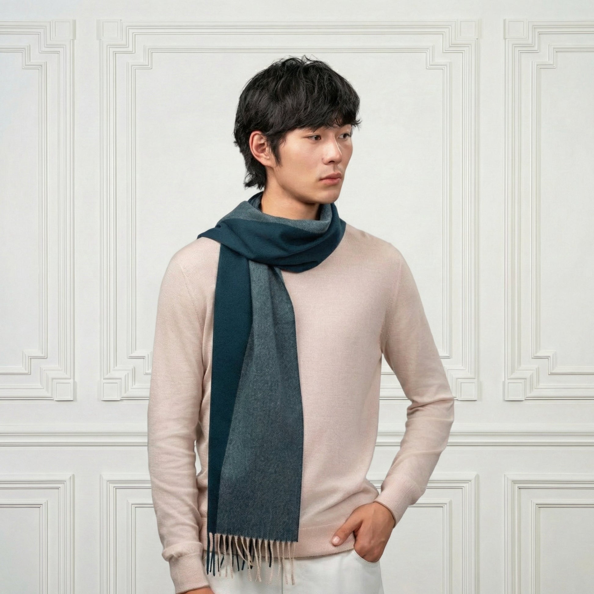 Fringed Cashmere Two Toned Scarf - Blue Sky Cashmere