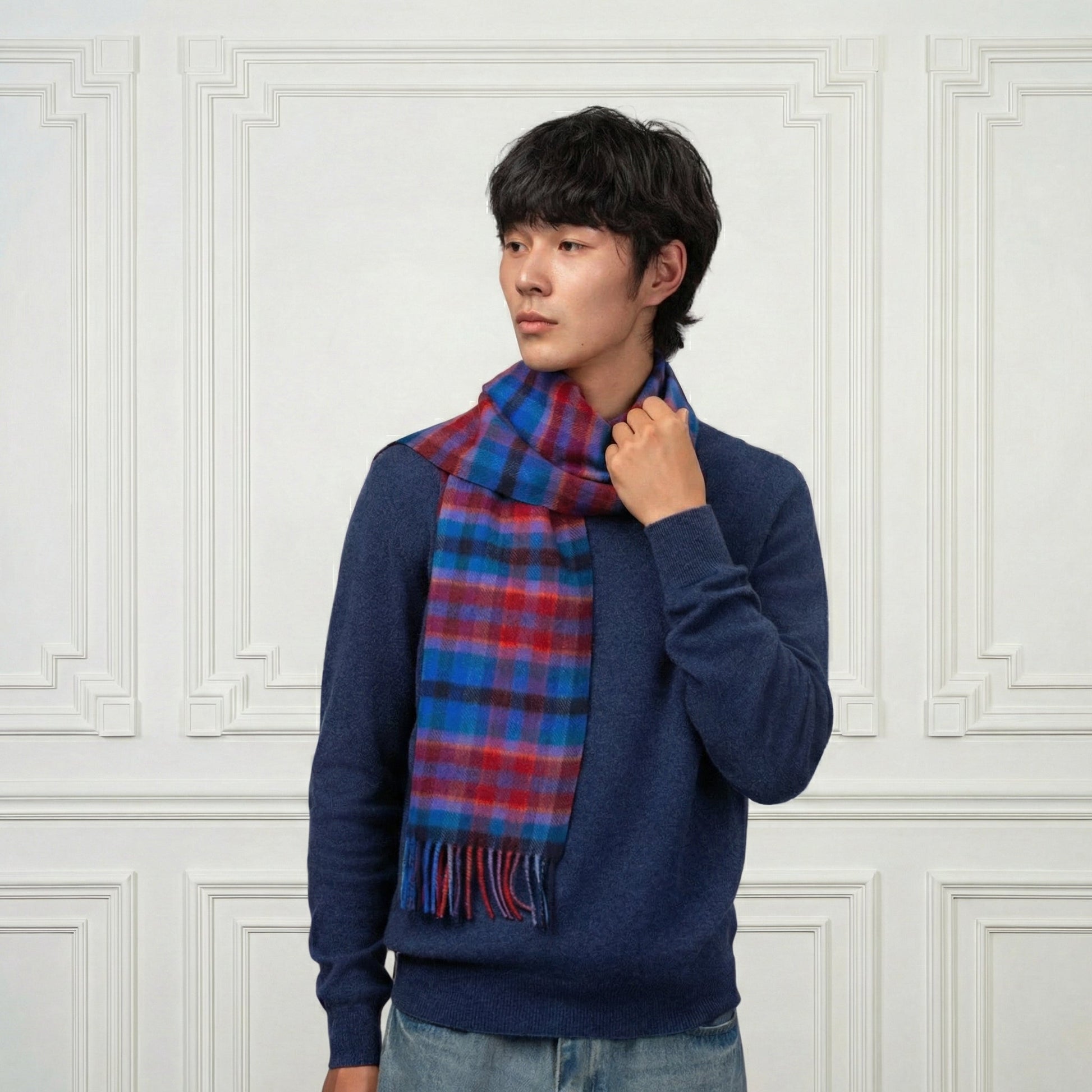 Fringed Cashmere&Wool Multicolored Scarf - Blue Sky Cashmere