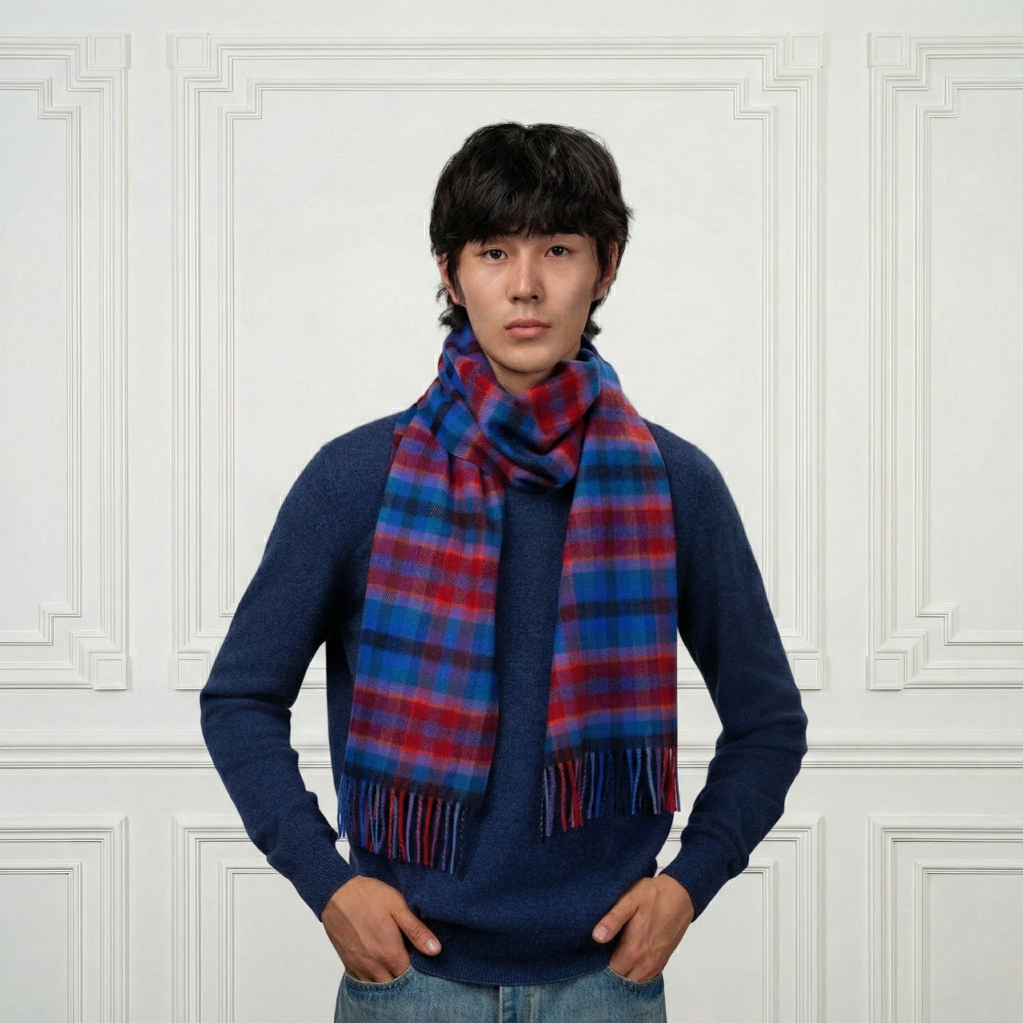 Fringed Cashmere&Wool Multicolored Scarf - Blue Sky Cashmere