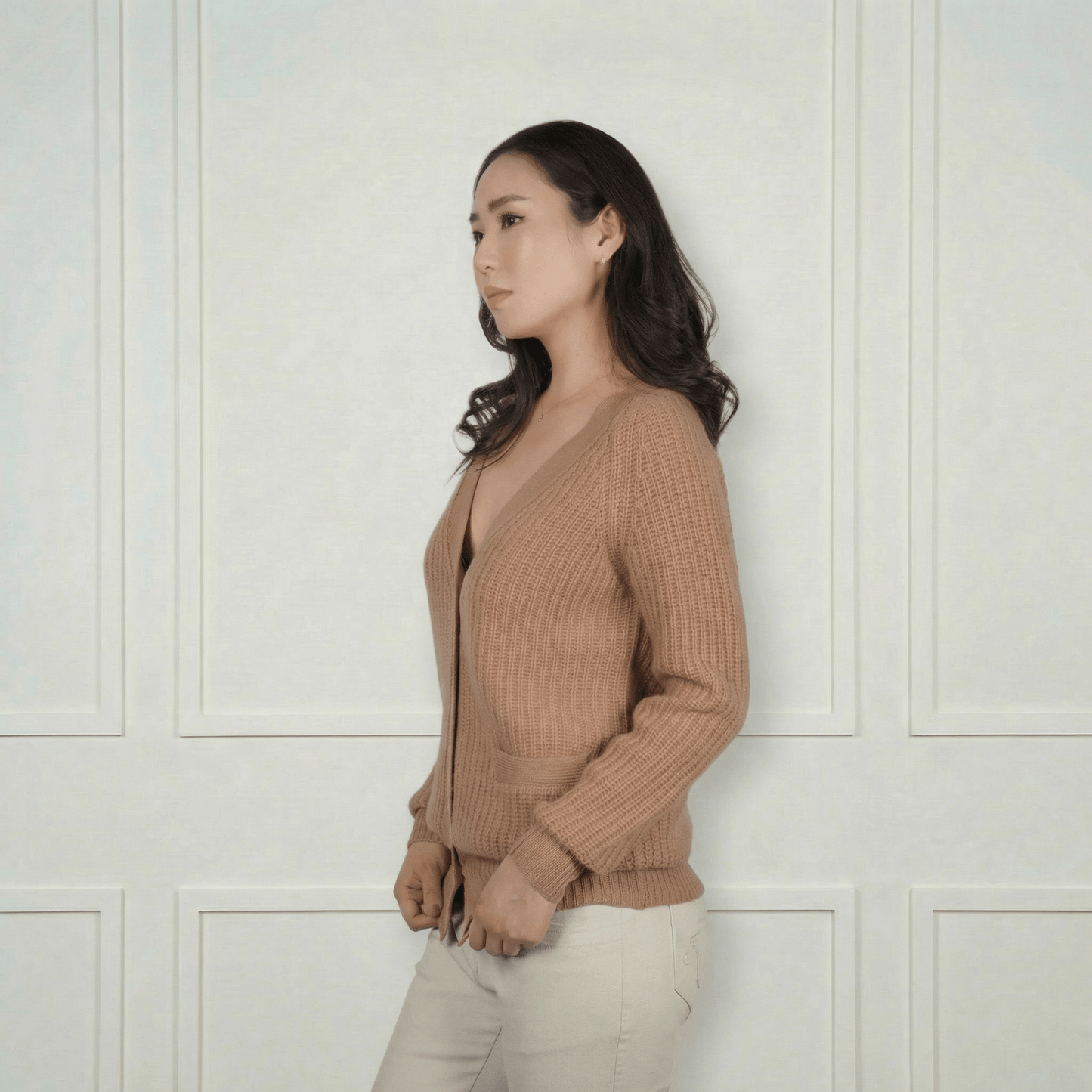 Maeve Classic V‑Neck Ribbed Cashmere Cardigan - Blue Sky Cashmere