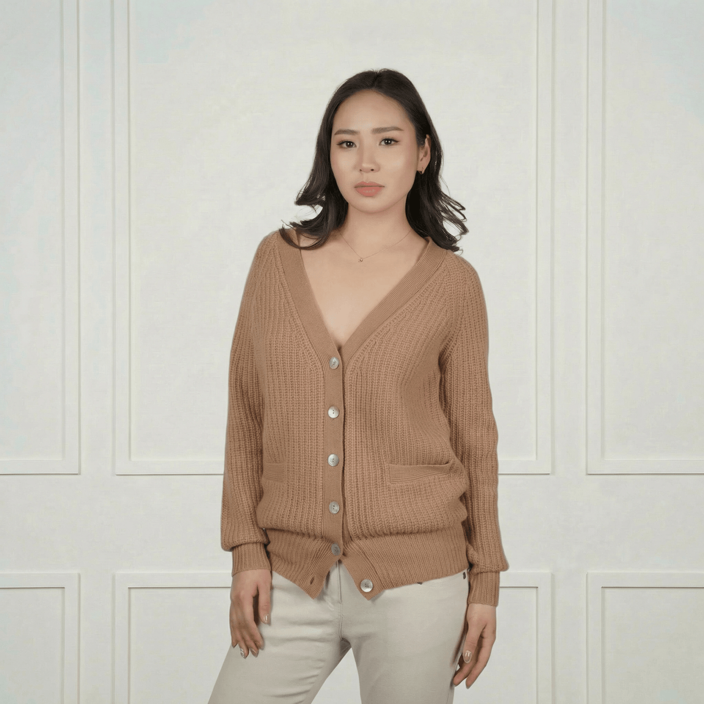 Maeve Classic V‑Neck Ribbed Cashmere Cardigan - Blue Sky Cashmere