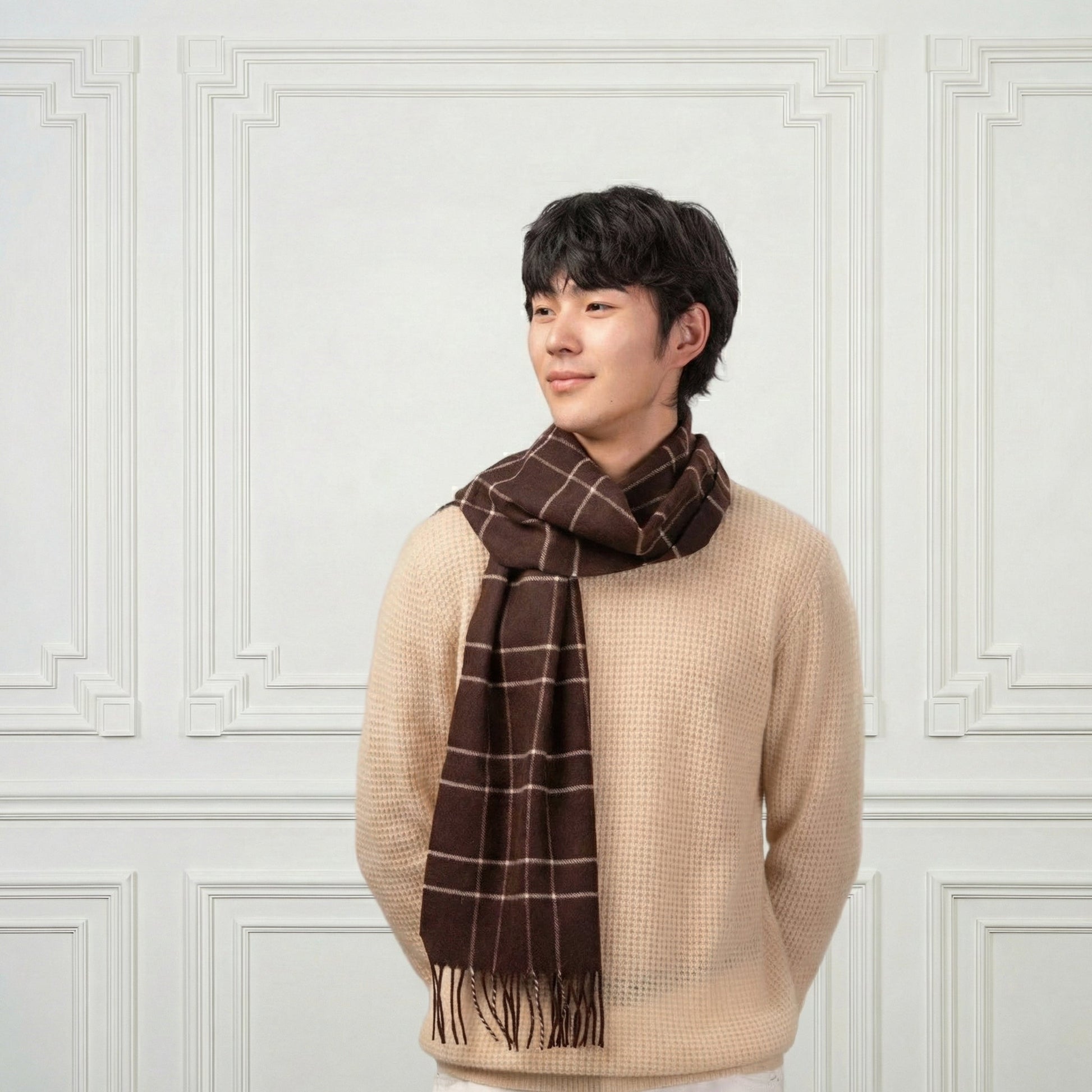 Plaid Fringed Camel Scarf - Blue Sky Cashmere