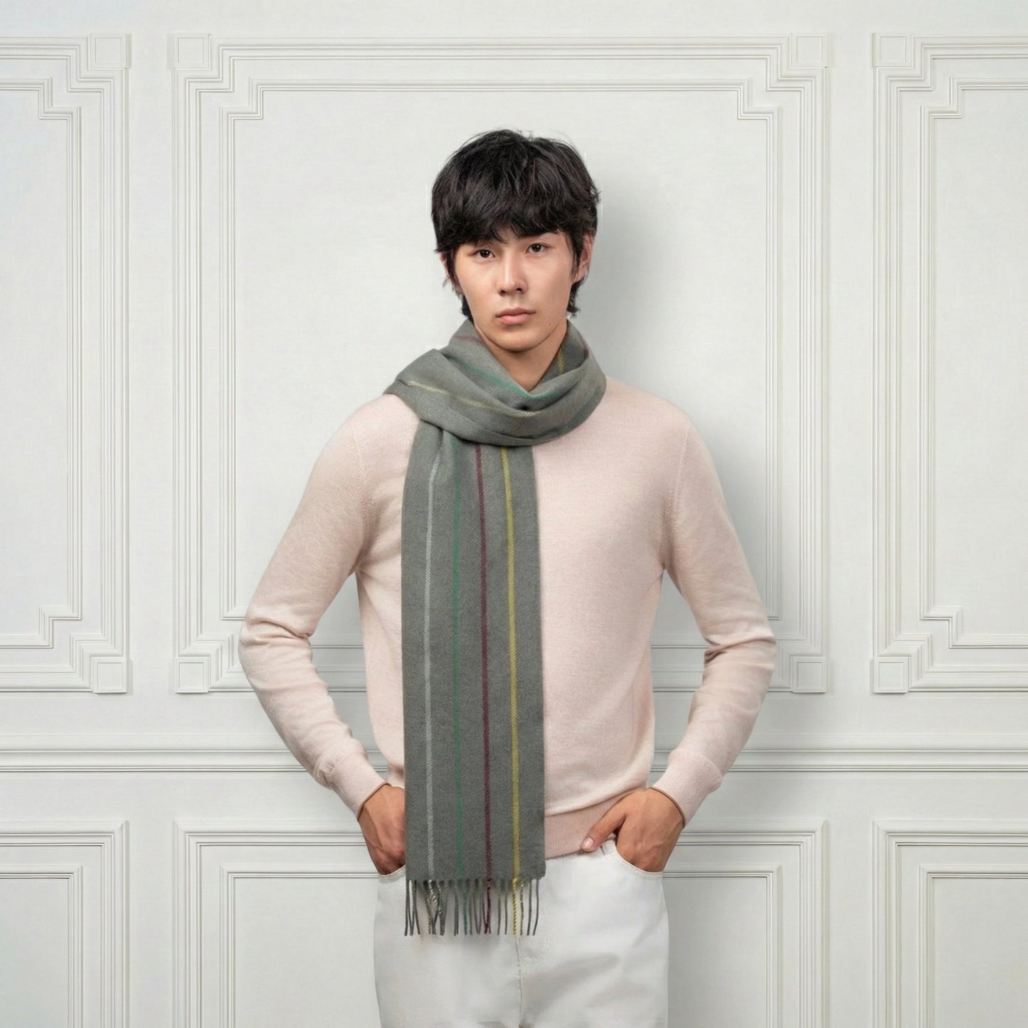 Striped Fringed Cashmere Scarf - Blue Sky Cashmere