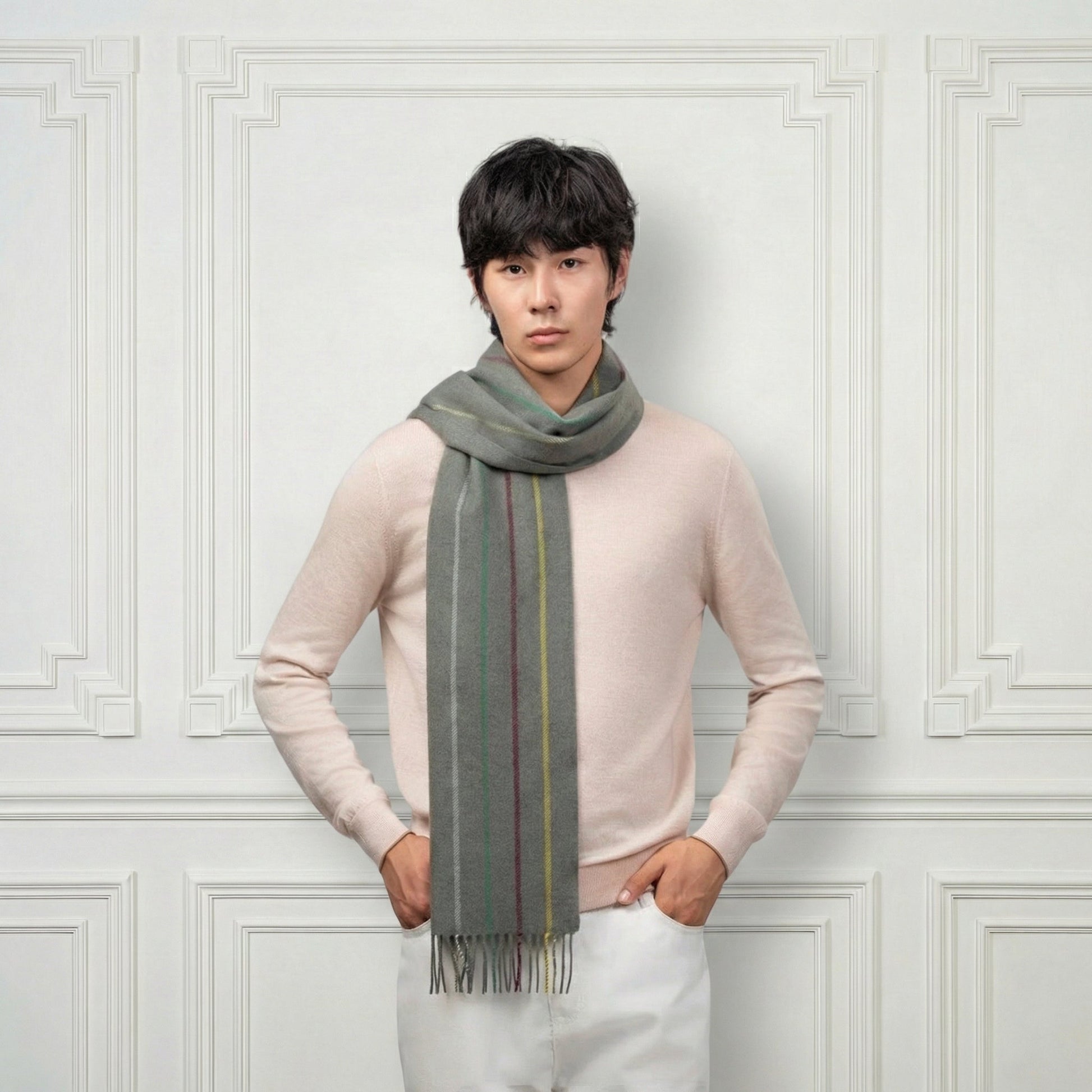 Striped Fringed Cashmere Scarf - Blue Sky Cashmere