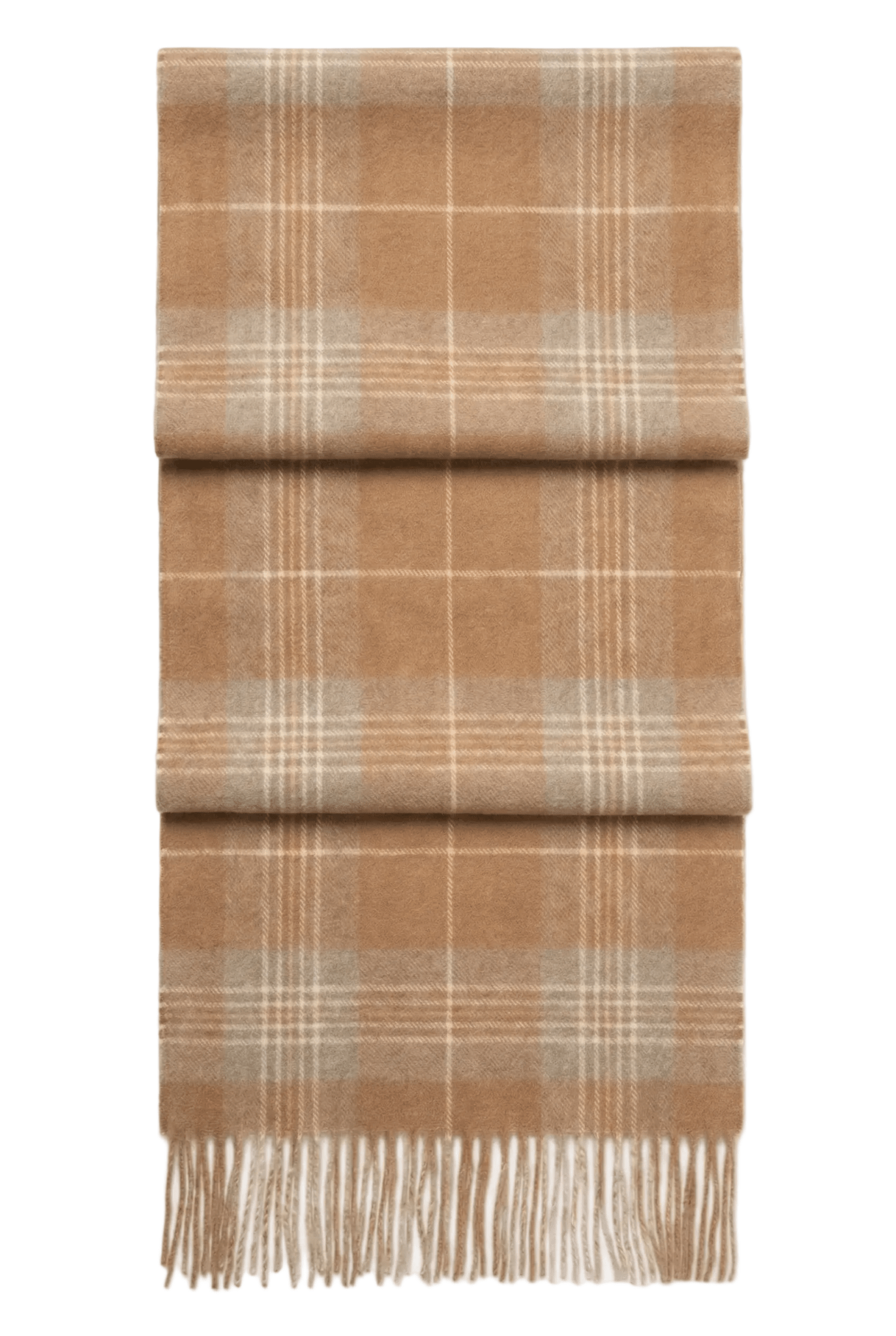 Tartan Fringed Camel Scarf - Blue Sky Cashmere