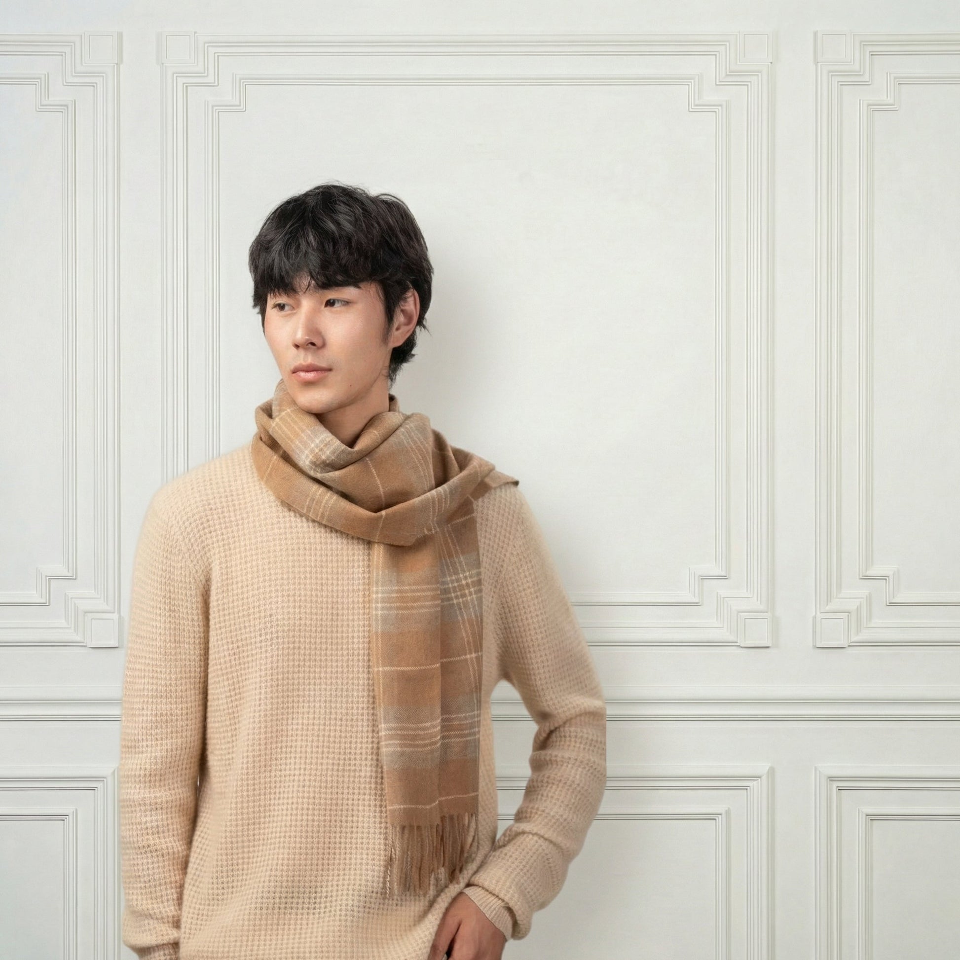 Tartan Fringed Camel Scarf - Blue Sky Cashmere